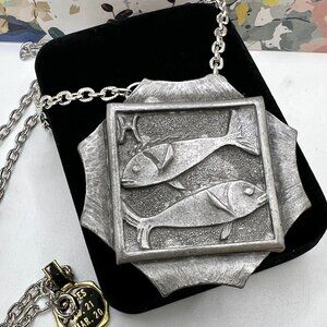 Luca Razza Pisces Zodiac Pewter Plaque 1970's Necklace